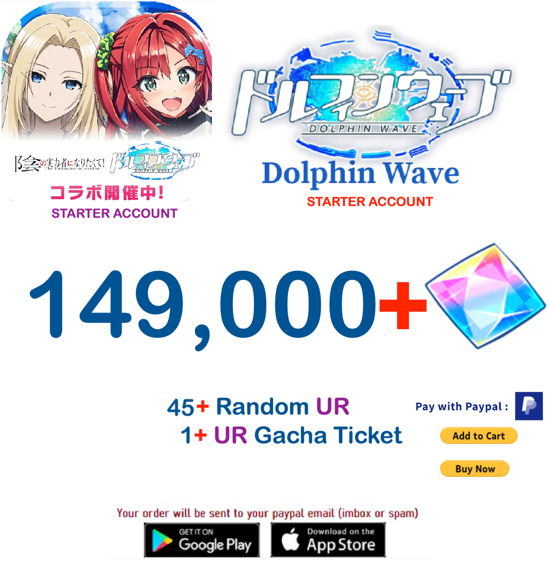 (Japan Server)  149.000+ Gems +45 UR  Dolphin Wave Reroll Starter Account