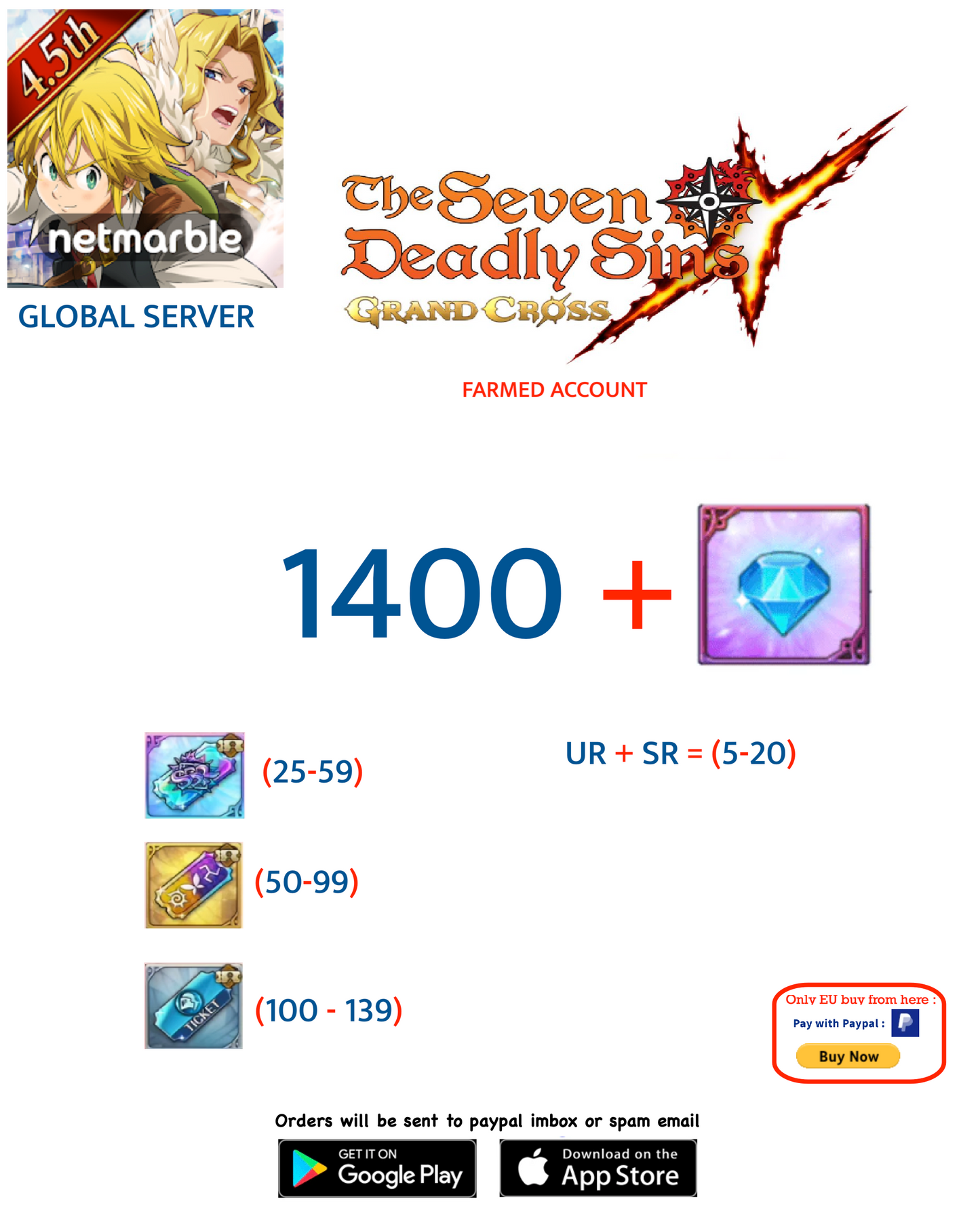 [Global Server] 1400 + GEMS +    7DS  Deadly Sins Grand Cross Farmed Account