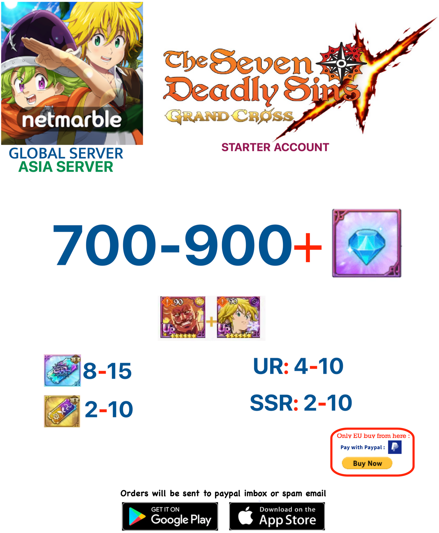 [GLOBAL-ASIA SERVER] FAST DELIVERY Fresh Starter Account with 700+ GEMS   Deadly Sins 7DS Grand Cross Account