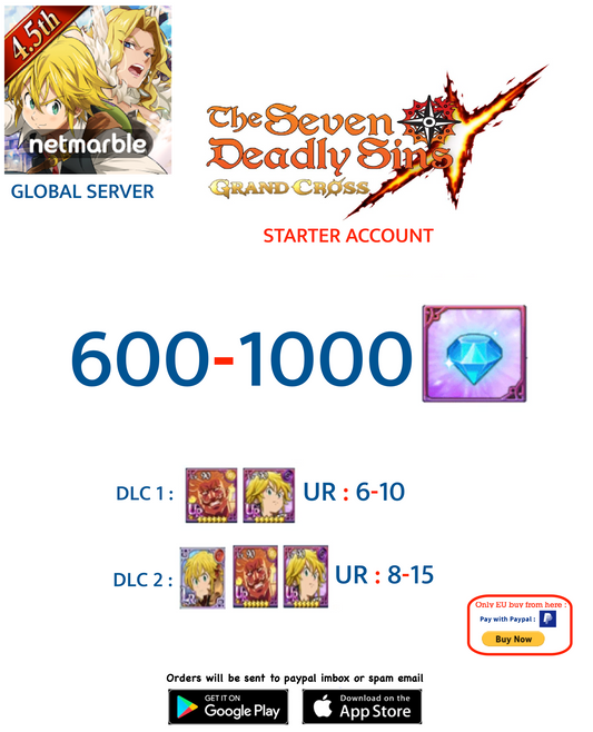 [Global Server]  700 - 1000 + GEMS   Deadly Sins 7DS Grand Cross  Farmed Account