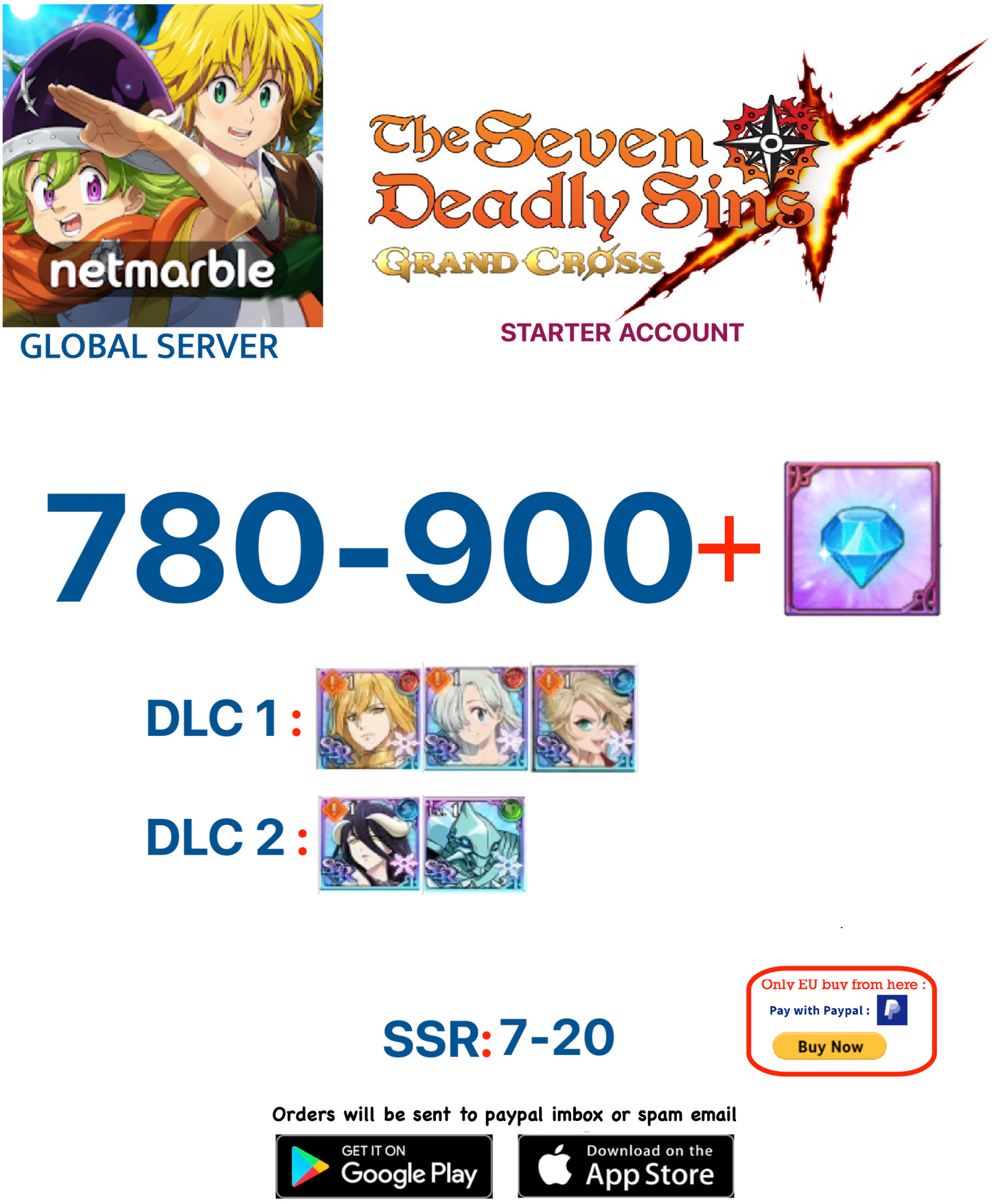 [Global Server] 780+ GEMS  Deadly Sins 7DS Grand Cross Starter Account