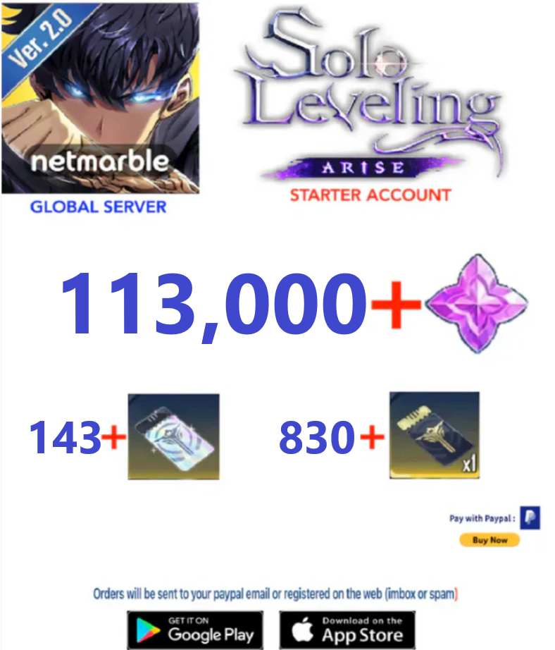 (Global Server) 113,000 + Gems - 830+ Tickets  Solo Leveling:ARISE Reroll Starter Account