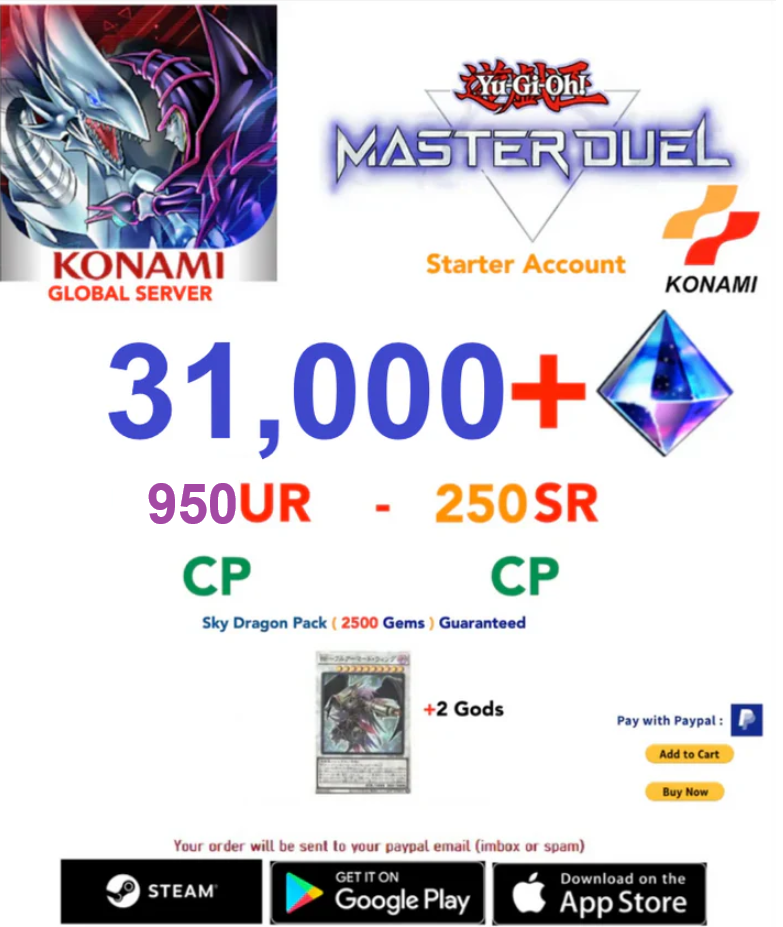 [SERVER GLOBAL/KONAMI VERSION]  31,000- 35,000+ Gems 950UR CP Yu-Gi-Oh! Master Duel Starter Reroll Account