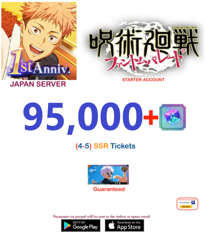 (Japan Server)  95,000  Gems +Gojo Satoru   Jujutsu Kaisen: Phantom Parade Reroll Starter Account