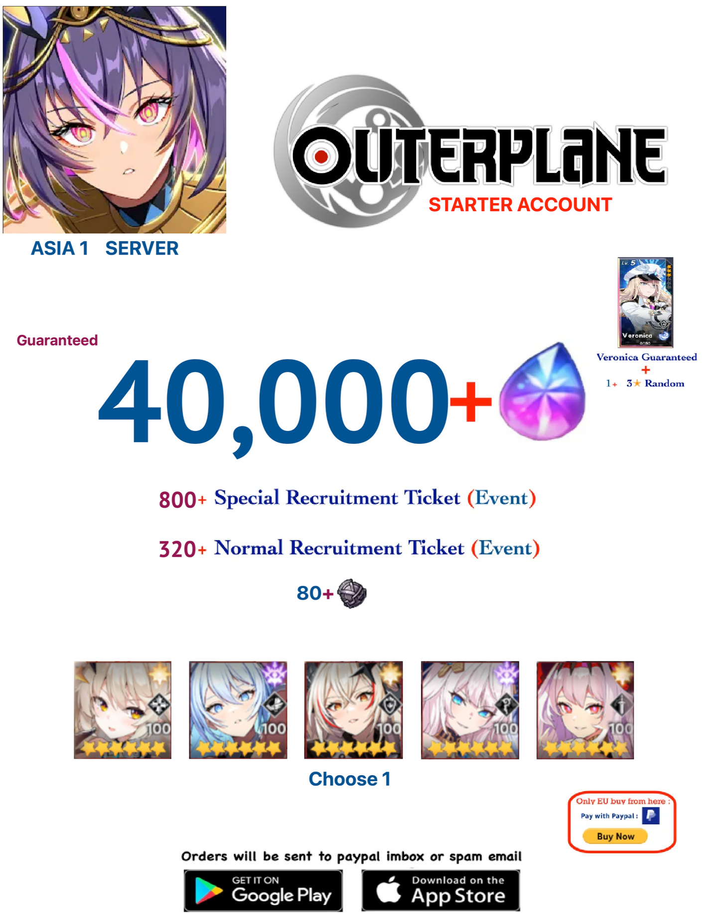 [Asia 1 Server] Outerplane 40,000 + Ether  Reroll Starter Account