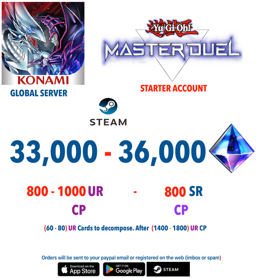 [SERVER GLOBAL]  32,000+Gems  800UR CP- 800SR CP  Yu-Gi-Oh! Master Duel Starter Reroll Account