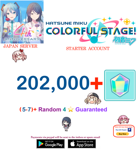 [JAPAN SERVER][Instant Delivery] 202,000+ Gems, (5-7)+ 4⭐ Project Sekai Colorful Stage ft. Hatsune Miku PJSekai Reroll Account