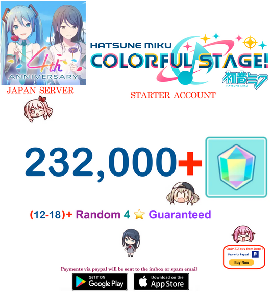 [JAPAN SERVER][Instant Delivery] 232,000+ Gems, (12-18)+ 4⭐ Project Sekai Colorful Stage ft. Hatsune Miku PJSekai Reroll Account