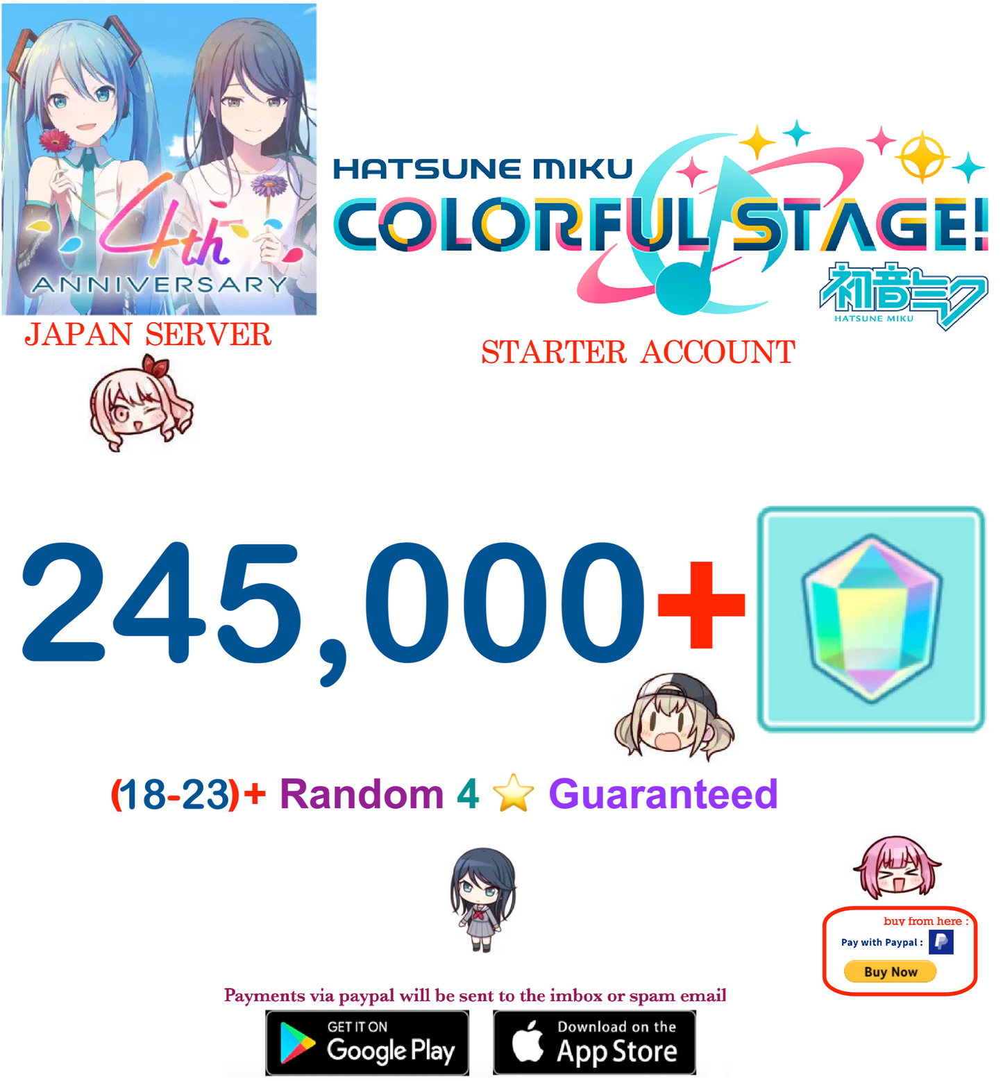[JAPAN SERVER][Instant Delivery] 245,000+ Gems, (18-23)+ 4⭐ Project Sekai Colorful Stage ft. Hatsune Miku PJSekai Reroll Account