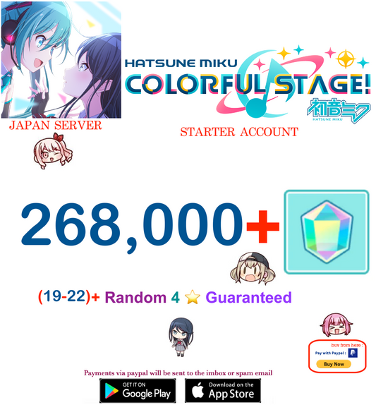 [JAPAN SERVER][Instant Delivery] 268,000+ Gems, (19-22)+ 4⭐ Project Sekai Colorful Stage ft. Hatsune Miku PJSekai Reroll Account