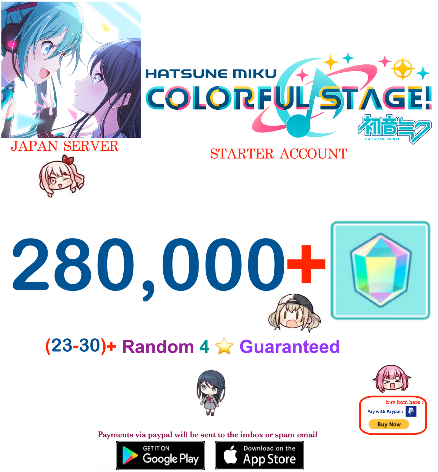 [JAPAN SERVER][Instant Delivery] 280,000+ Gems, (23-30)+ 4⭐ Project Sekai Colorful Stage ft. Hatsune Miku PJSekai Reroll Account