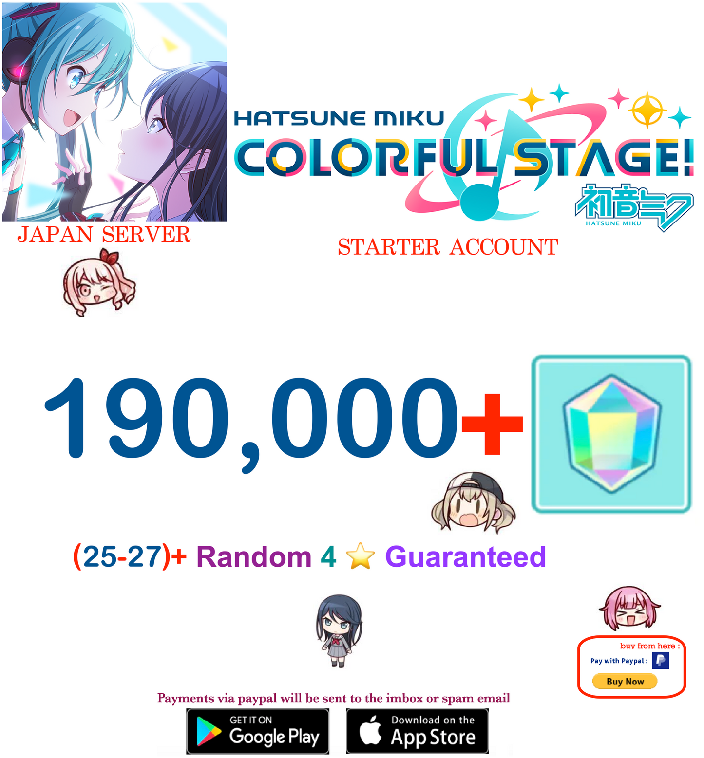 [JAPAN SERVER][INSTANT DELIVERY] 190,000+ Gems, 25+ 4⭐ Project Sekai Colorful Stage ft. Hatsune Miku PJSekai Reroll Account
