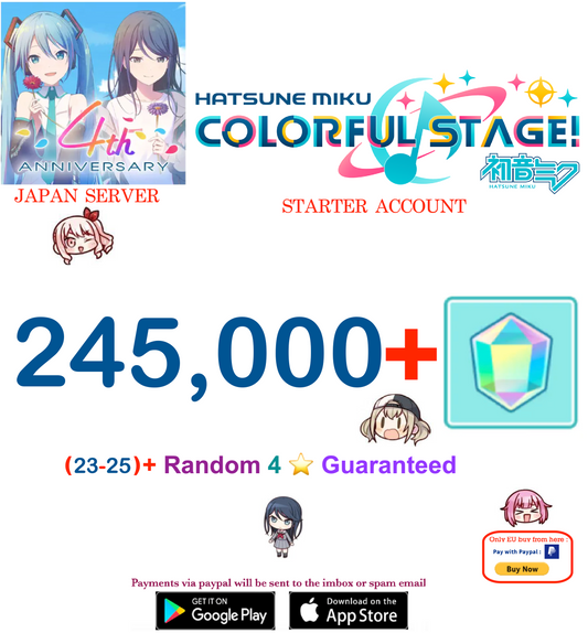 [JAPAN SERVER][Instant Delivery]245,000+ Gems, 23+ 4⭐ Project Sekai Colorful Stage ft. Hatsune Miku PJSekai Reroll Account