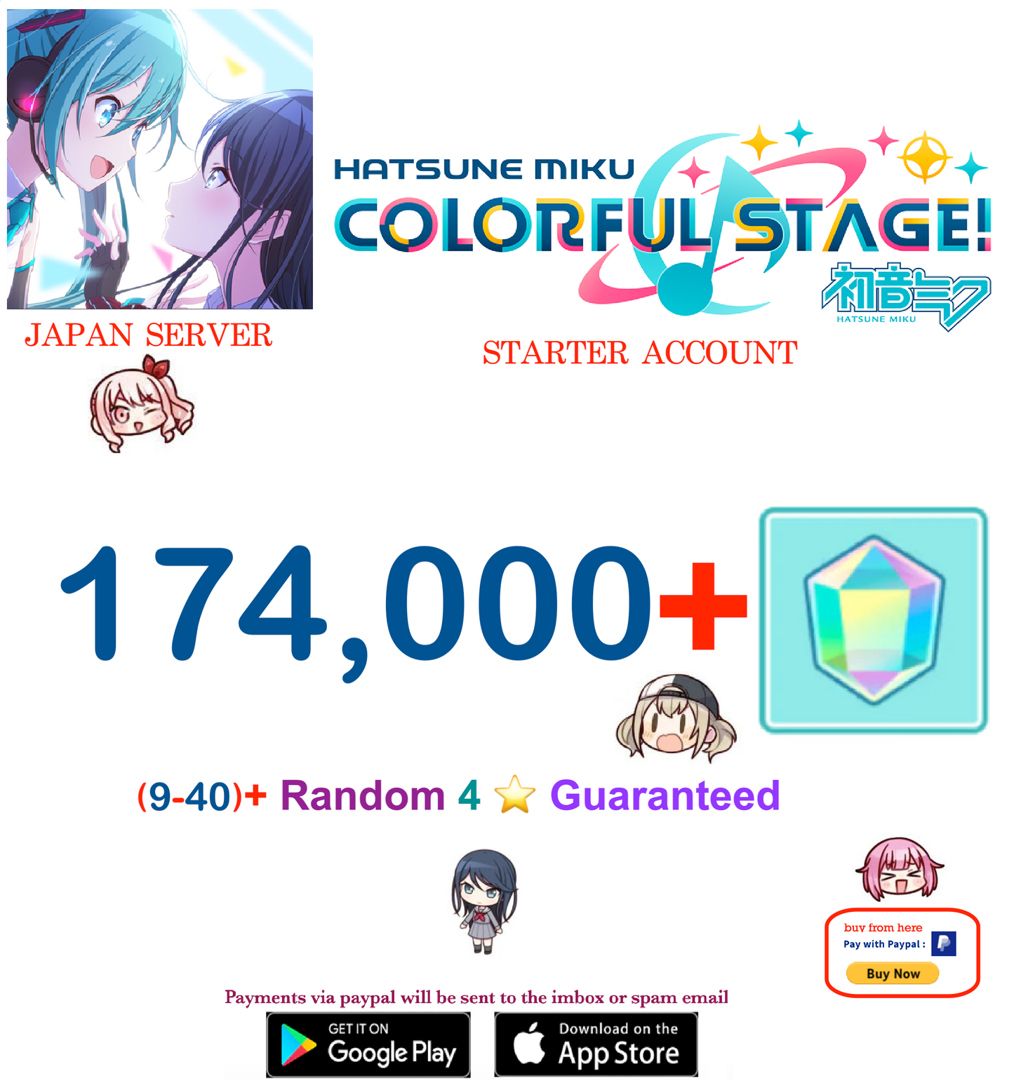[JAPAN SERVER][Instant Delivery] 174,000+ Gems, (9-40)+ 4⭐ Project Sekai Colorful Stage ft. Hatsune Miku PJSekai Reroll Account