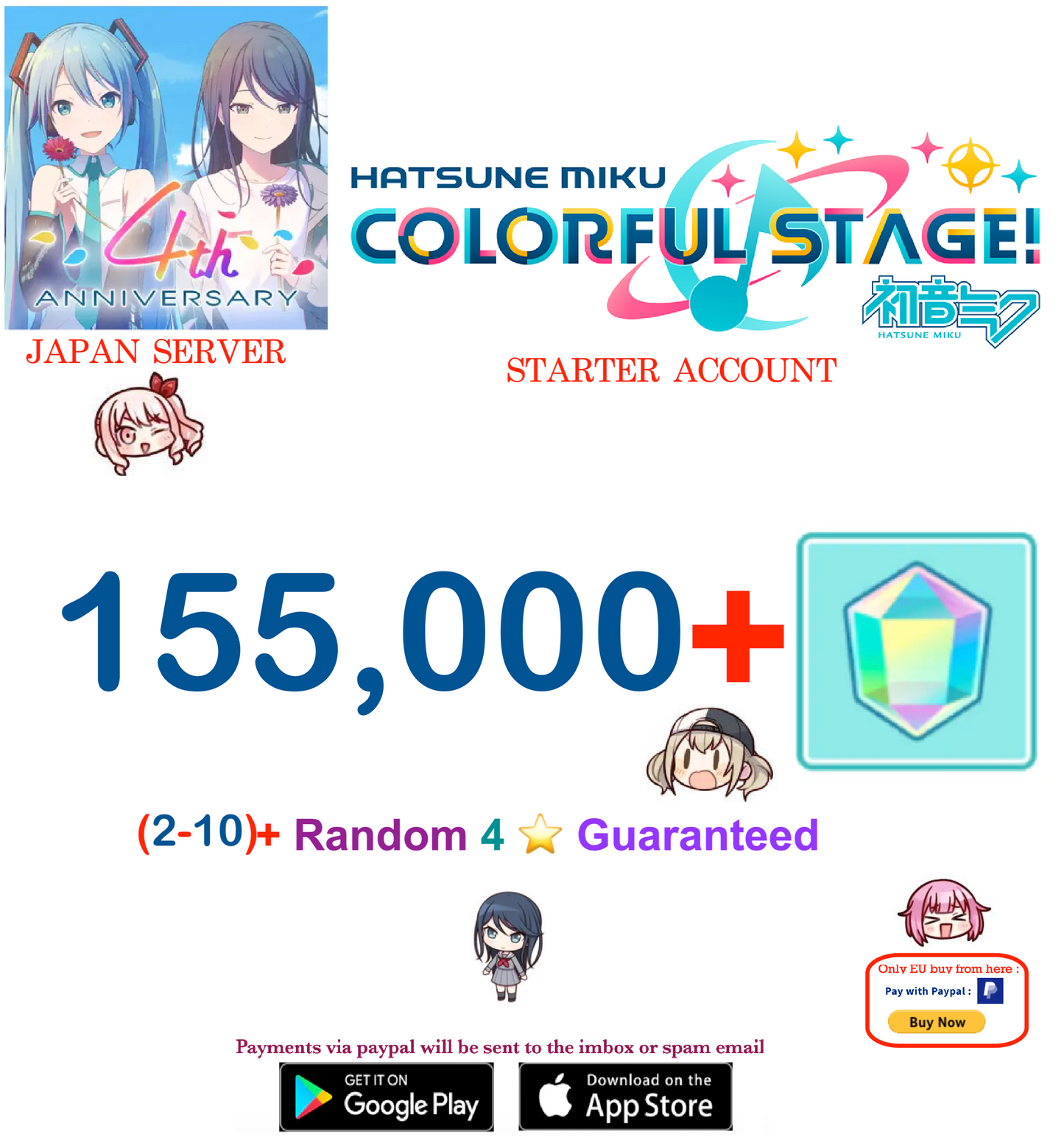 ⭐[JAPAN SERVER] (BUY 2 - GET 3 ) 2-6 (4-Star Cards) ⭐ 155,000+ Gems Project Sekai Colorful Stage ft. Hatsune Miku PJSekai Reroll Starter Account