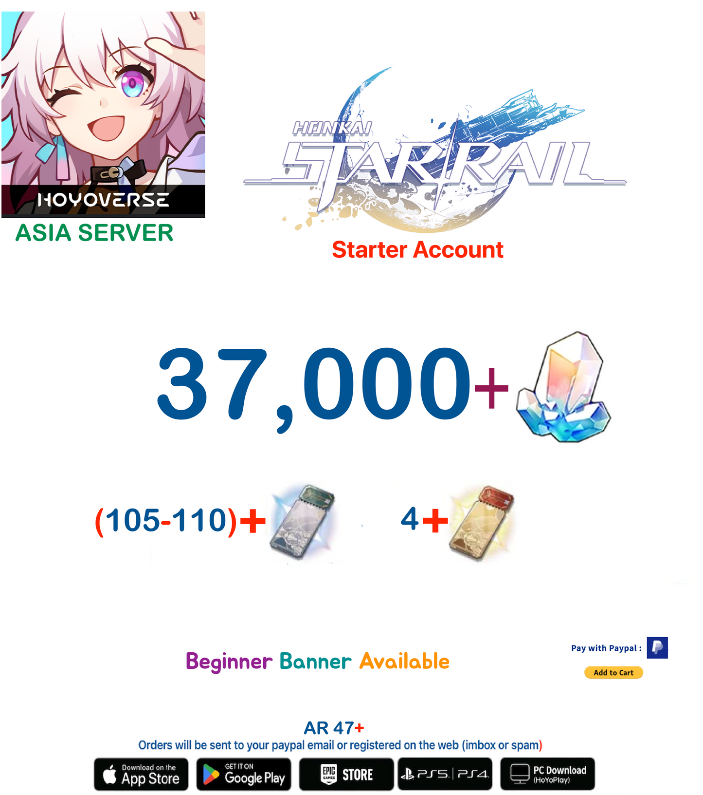 [Asia  Server][INSTANT DELIVERY] 37,000 + Stellar Jade Honkai Star Rail Starter Reroll Account