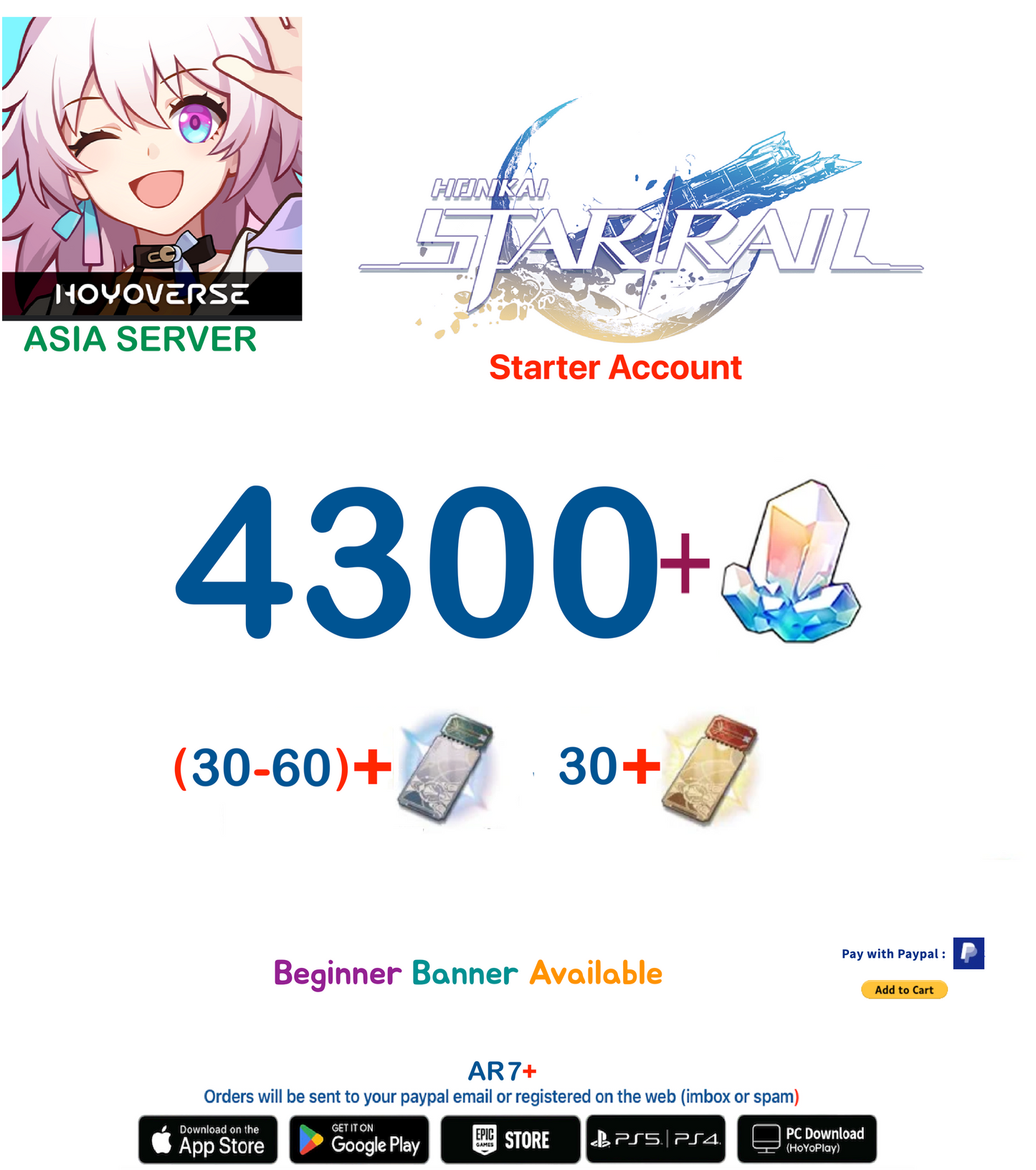 [Asia Server] 4,300 Jades +  Honkai Star Rail  Starter Account Ar7+