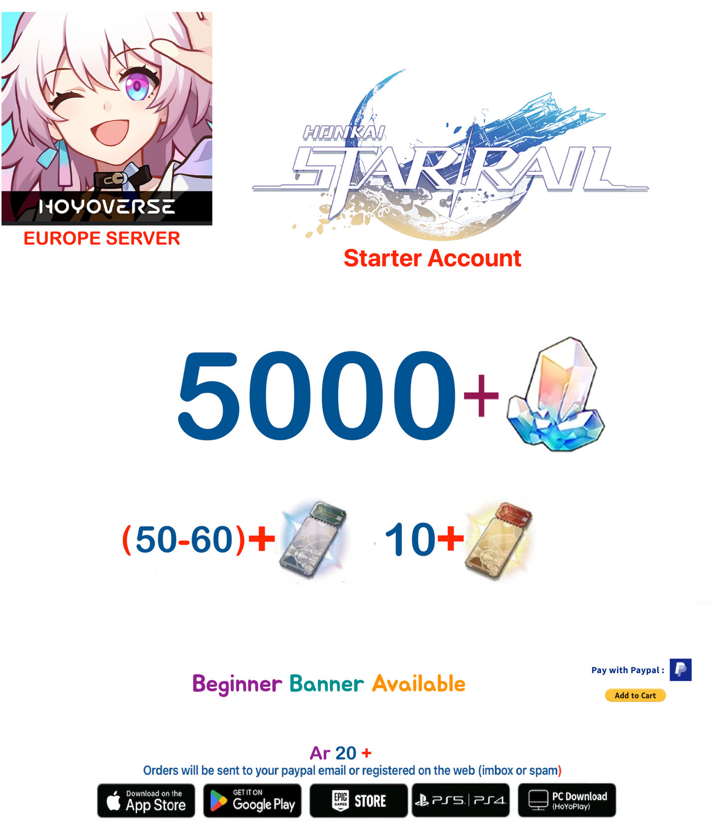 [EU Server] 5000 + Jades  Honkai Star rail Starter Account AR 20+