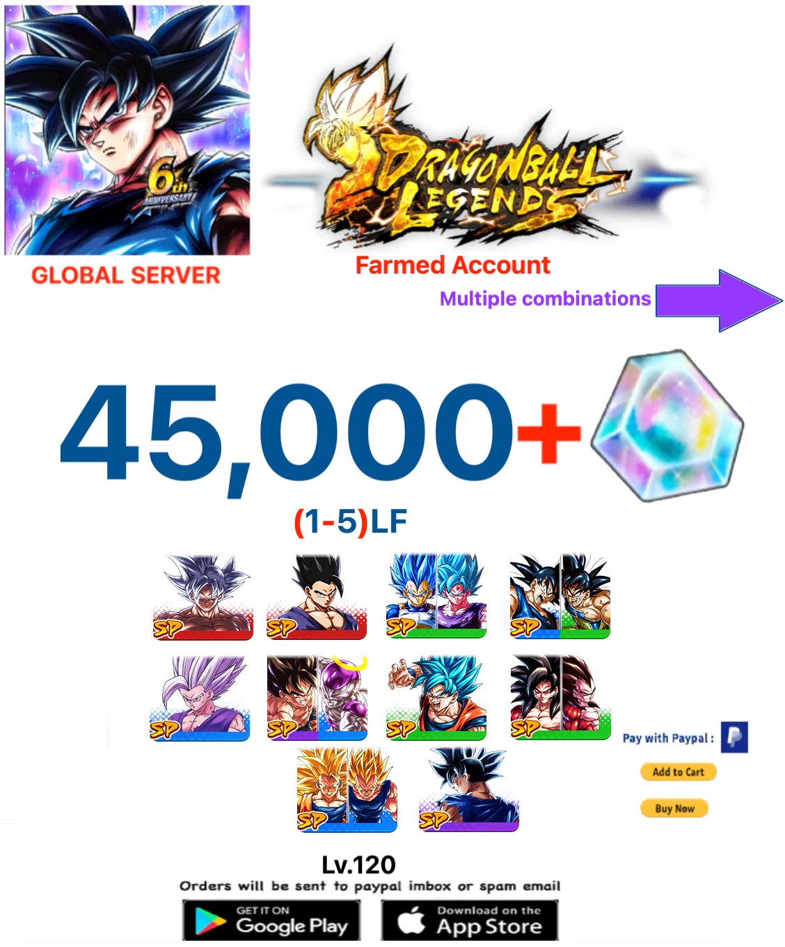 (Global Server)(ANDROID VERSION)  45.000 + Crystal    Dragon Ball Legends Farmed Account