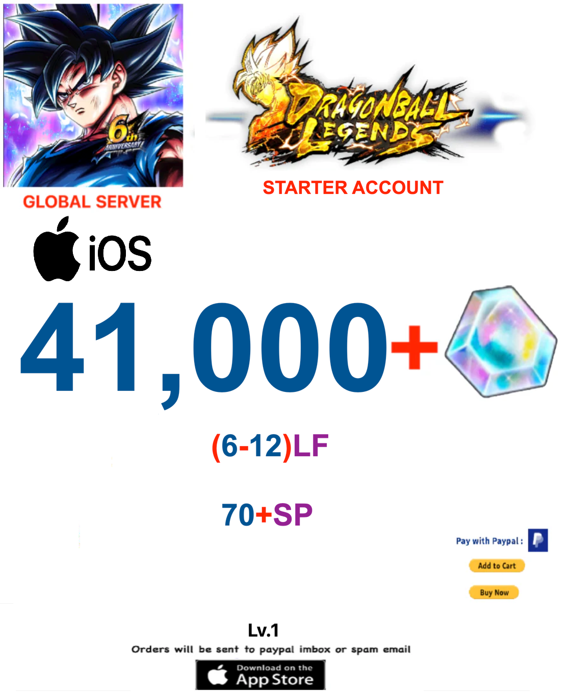 (Global Server)(IOS VERSION)  41.000 + Crystal   Dragon Ball Legends Stater Account