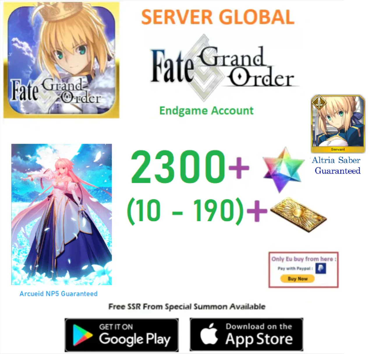 [NA Server] 2300 SQ + Arcueid NP5   Fate Grand Order FGO Quartz Endgame Account