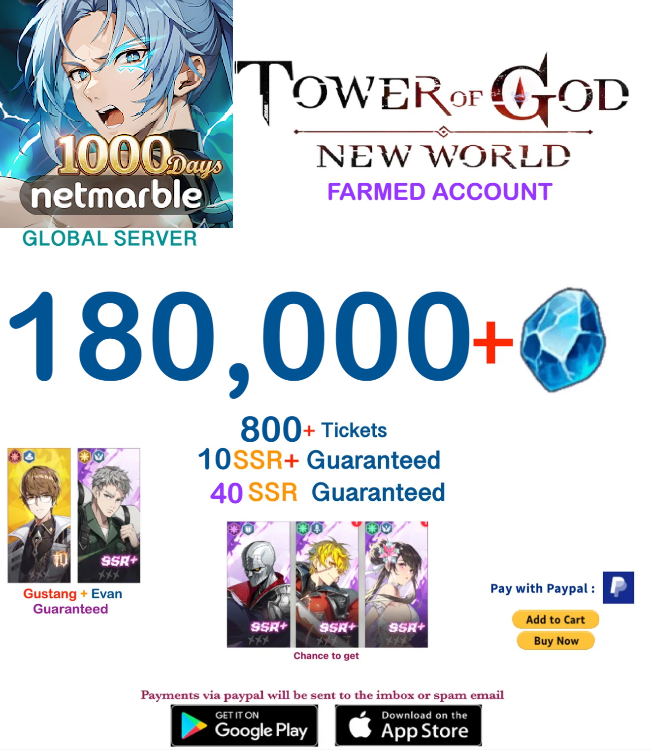 ⭐GLOBAL SERVER⭐ 160.000 Gems Tower of God New World Starter Account v4