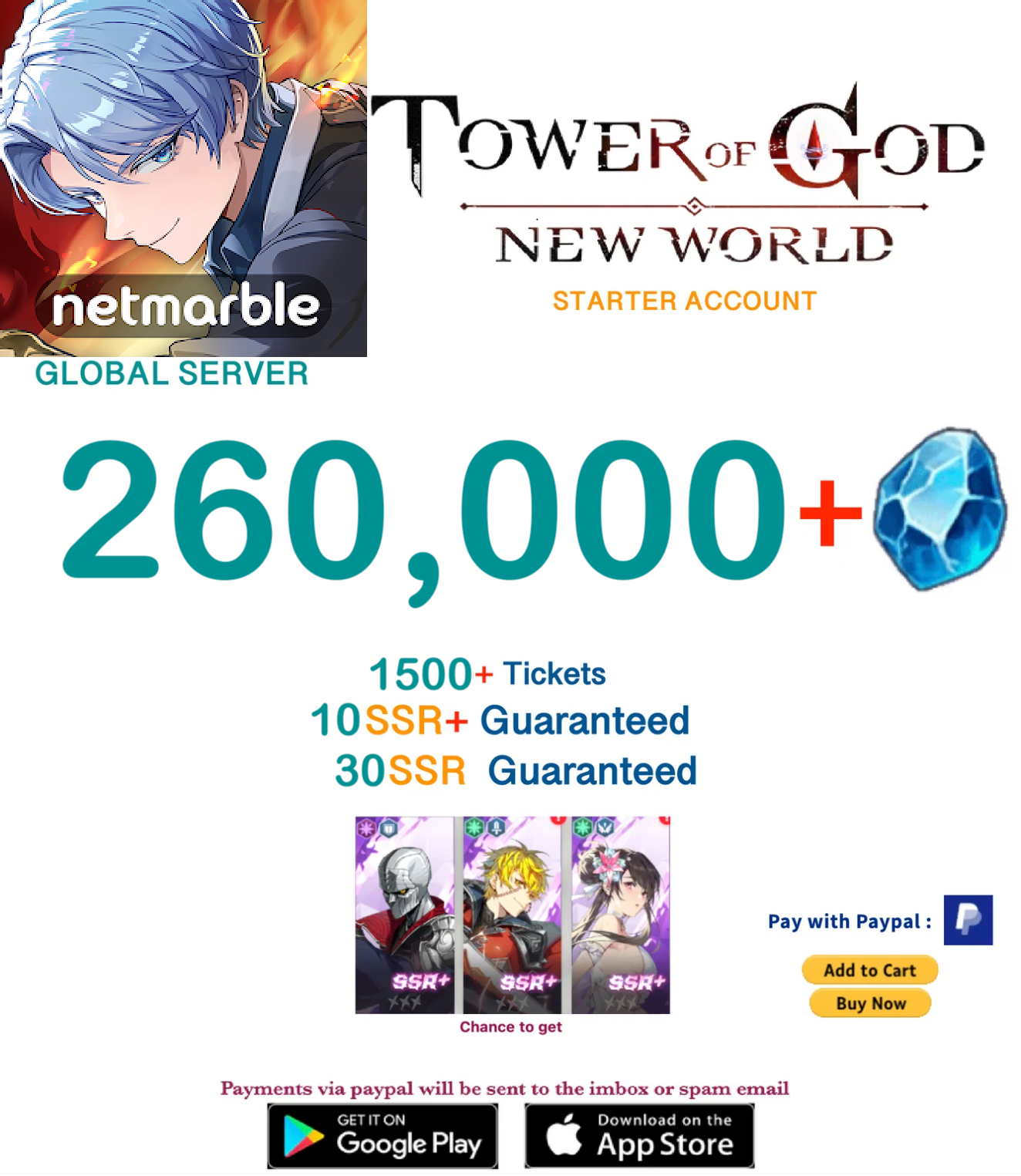 ⭐GLOBAL⭐INSTANT DELIVERY⭐ 260,000+ Gems Tower of God New World Starter Account v2