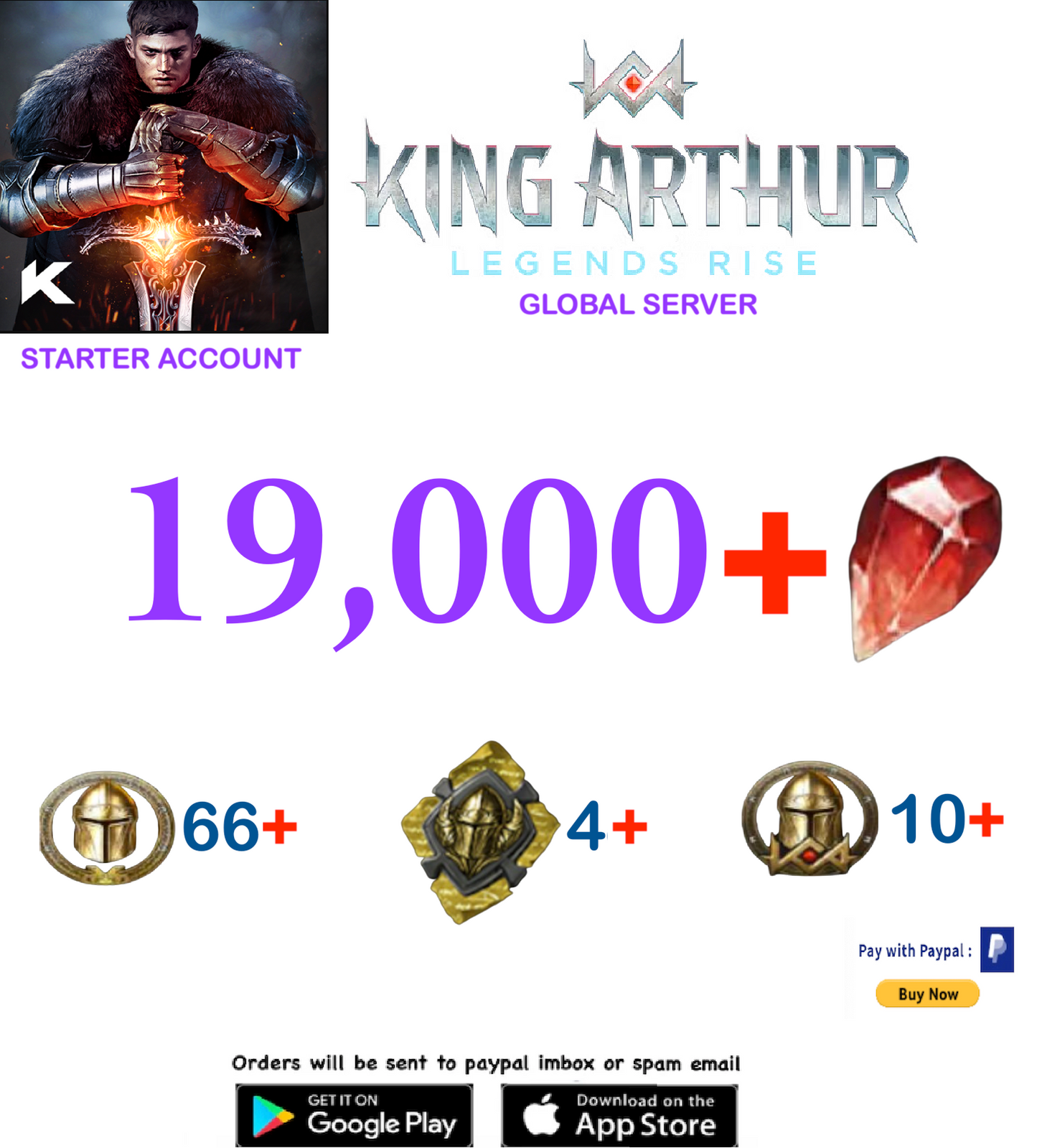 (Global Server)  19.000 Gems  King Arthur Legends Rise Starter Account