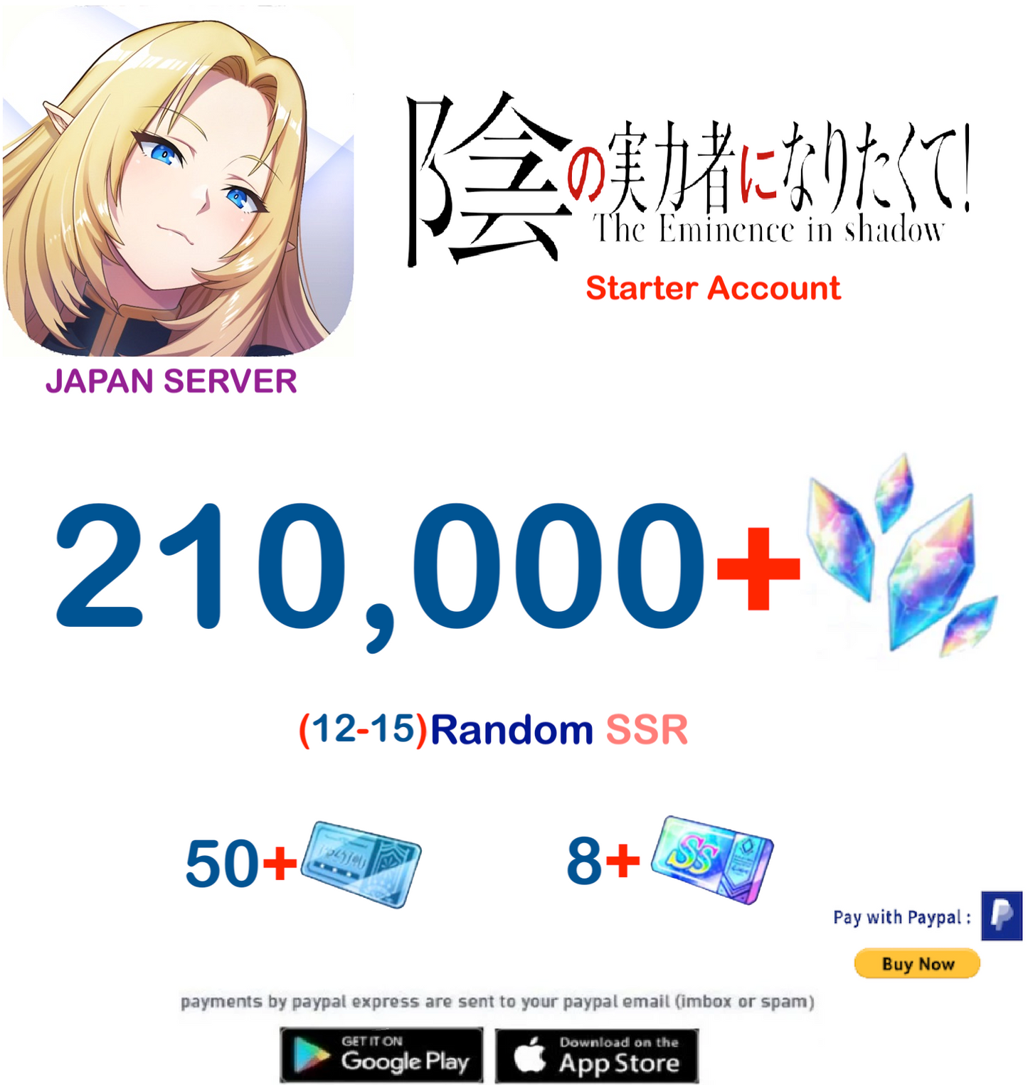 (Japan Server)  210,000 Gems The eminence in Shadow Starter Account