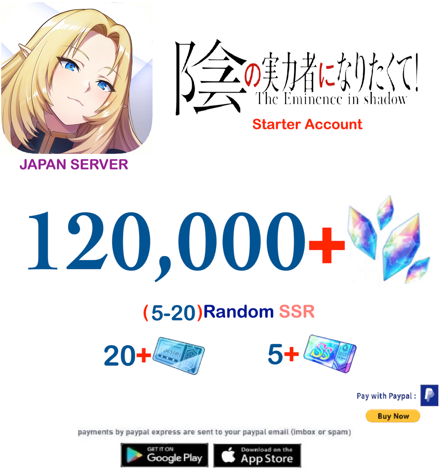 (Japan Server)  120,000 Gems The eminence in Shadow Starter Account