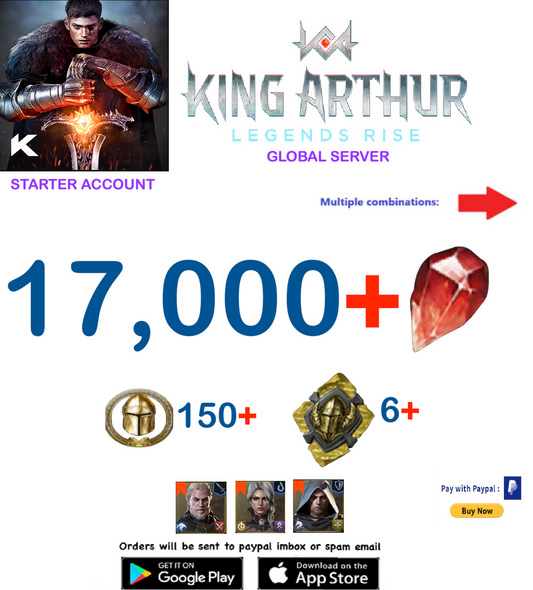 (Global Server)  17000 Gems  King Arthur Legends Rise Starter Account