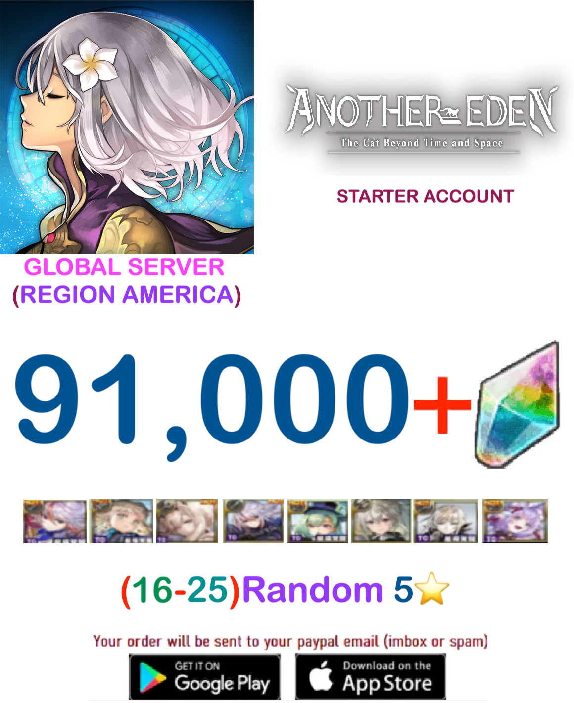 (Global Server-Region America)  91000 Gems + multiple combinations Another Eden Starter Account