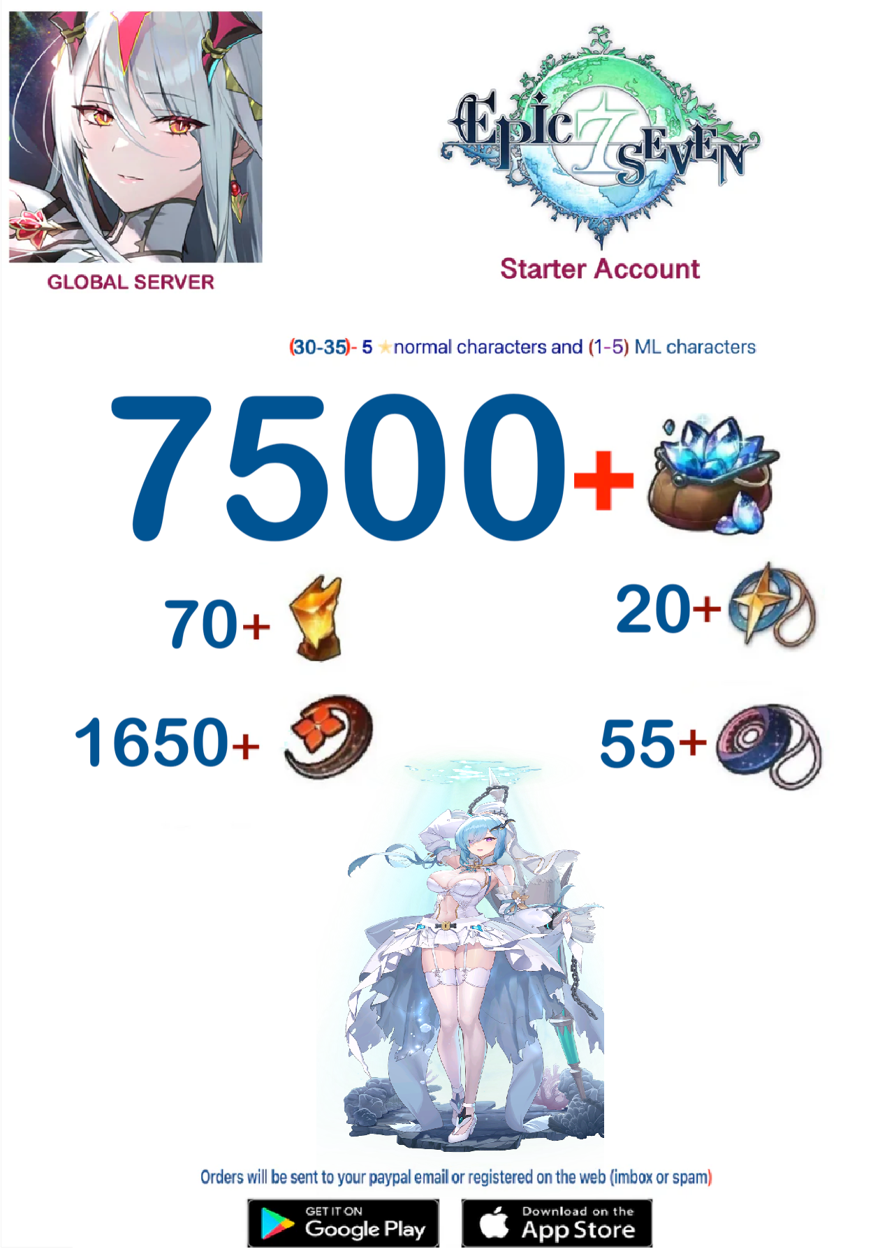 [Global Server ] ⭐ 7500  Skystone - Dragon Bride Senya  (20-30)5⭐  EPIC SEVEN Fresh Starter Account