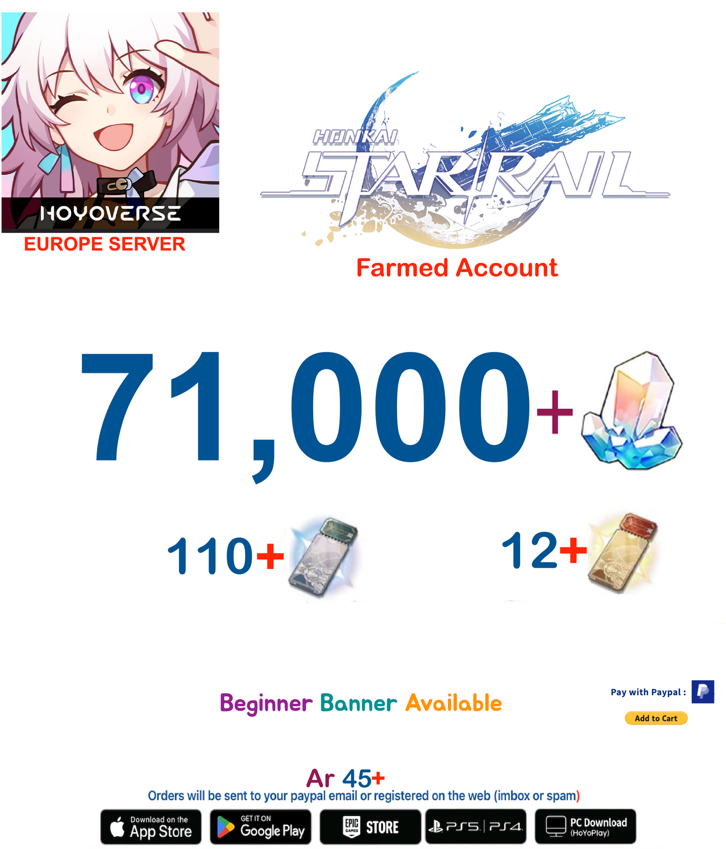 [Europe  Server] 71,000+ Jades   Honkai Star Rail Farmed Account