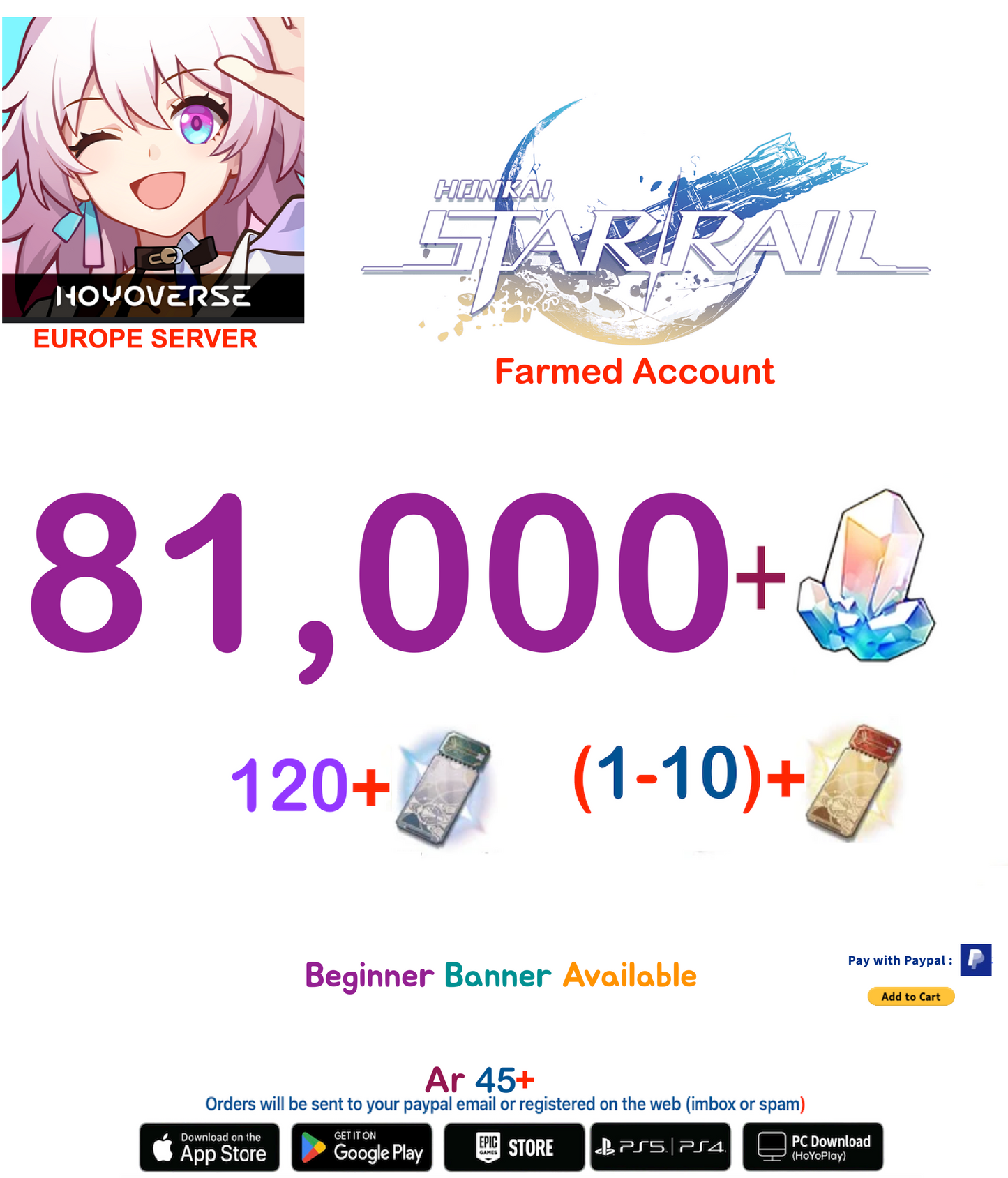[Europe  Server] 81,000+ Jades   Honkai Star Rail Farmed Account