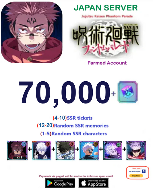 (Japan Server) 70,000  Gems Jujutsu Kaisen: Phantom Parade Farmed Account v5