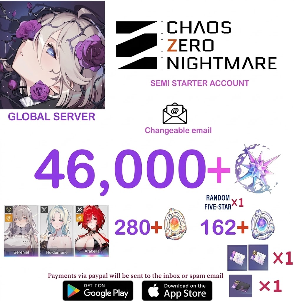 [GLOBAL SERVER] ⭐ ?? Crystals  ⭐Sereniel   Chaos Zero Nightmare Fresh Semi Starter Account