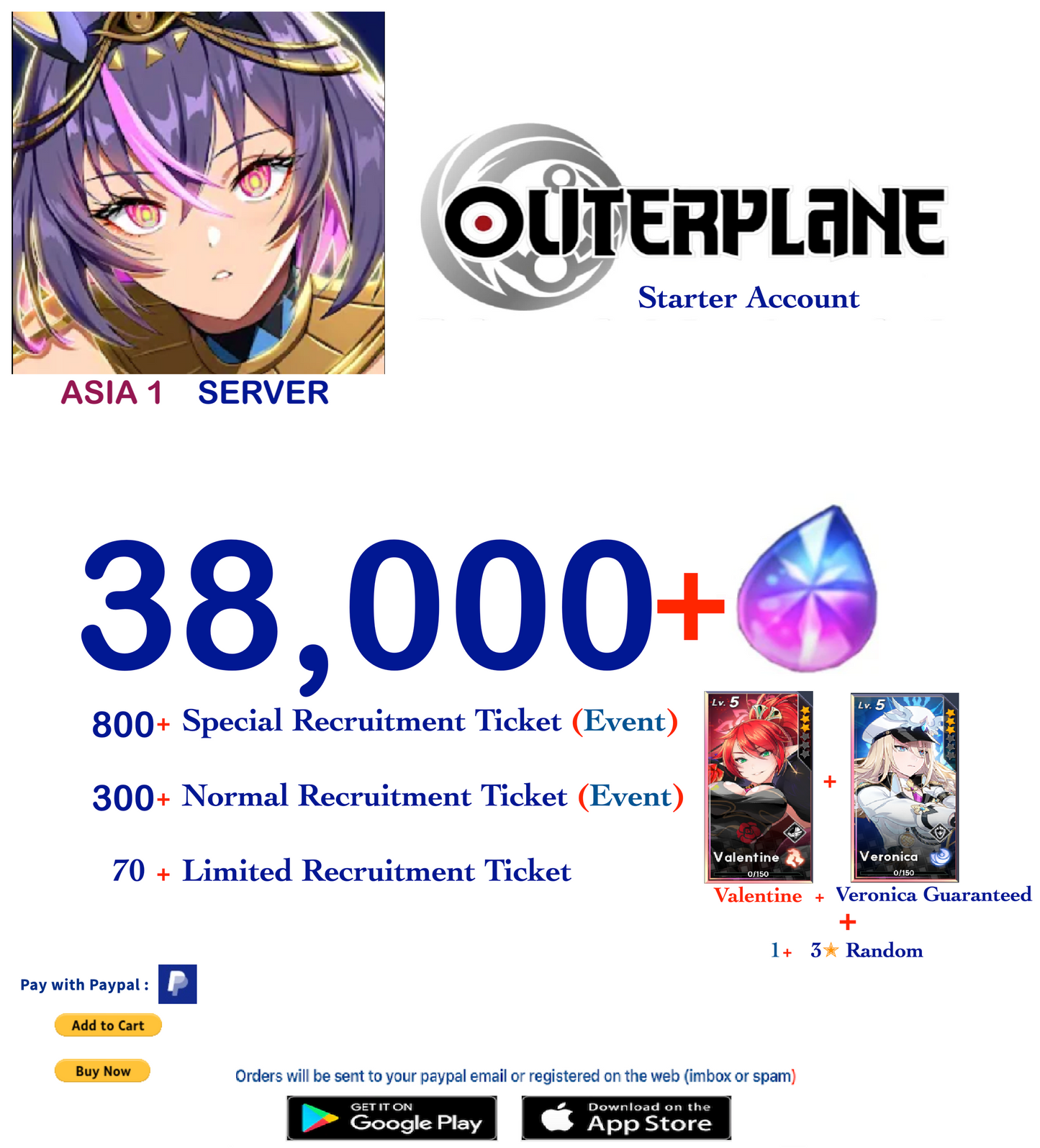 [Asia 1 Server] Outerplane 38,000 + Ether  Reroll Starter Account