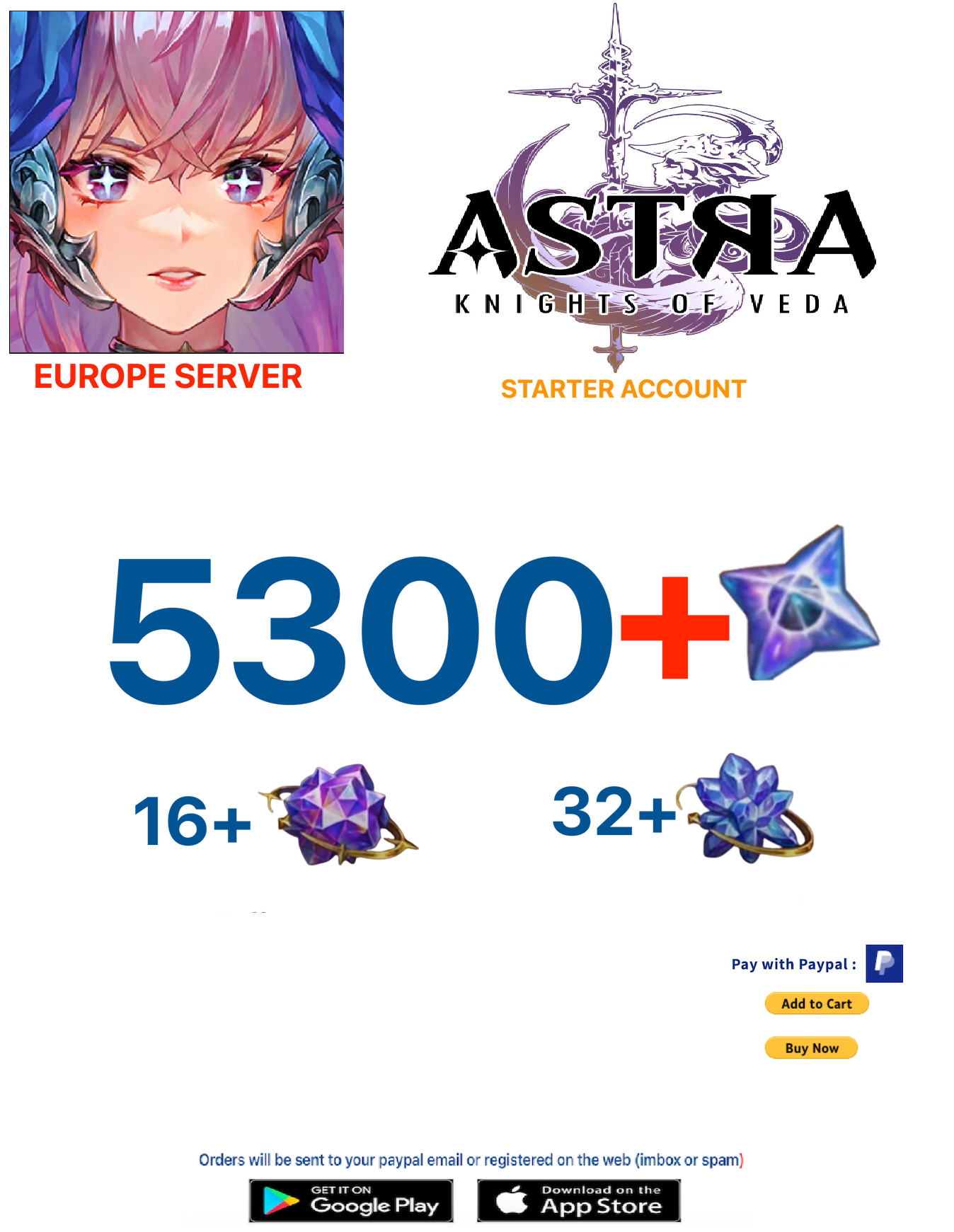 (Europe Server)(BUY 2 - GET 3)  5300 + Starstones  Astra : Knights of Veda Starter Account