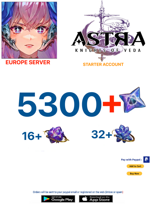 (Europe Server)(BUY 2 - GET 3)  5300 + Starstones  Astra : Knights of Veda Starter Account