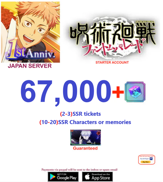 (Japan Server)  67,000  Gems +Gojo v2   Jujutsu Kaisen: Phantom Parade Reroll Starter Account