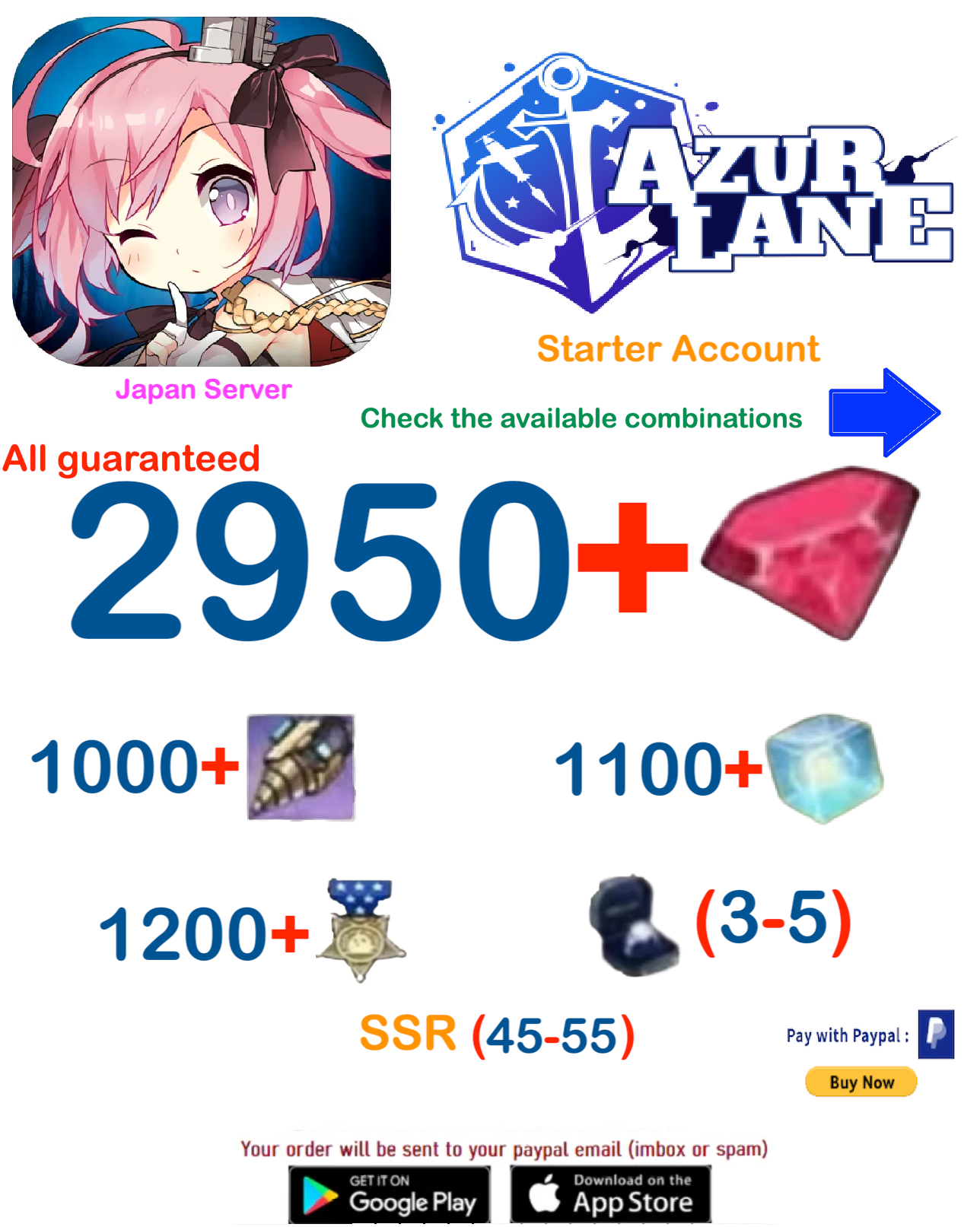 (Japan Server)  2950+ Wisdom Cubes + UR(?) -  Azur Lane Starter Reroll Account v3