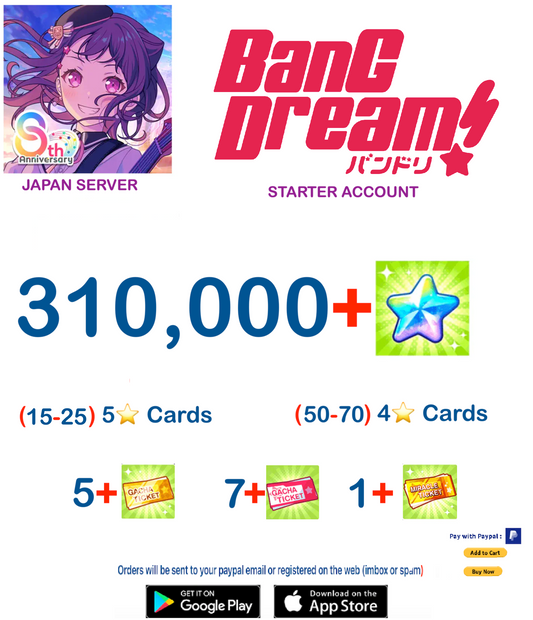 [JAPAN SERVER][INSTANT DELIVERY] 310,000+ Stars BanG Dream Girls Band Party Bandori Starter Reroll Account
