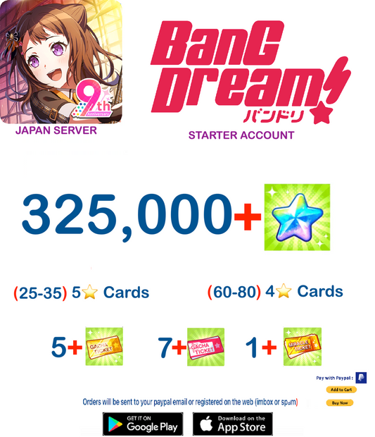 [JAPAN SERVER][INSTANT DELIVERY] 325,000+ Stars BanG Dream Girls Band Party Bandori Starter Reroll Account