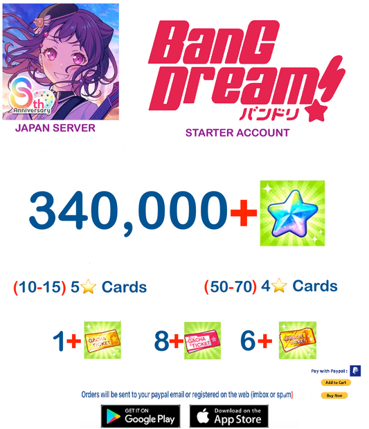 [JAPAN SERVER][INSTANT DELIVERY] 340,000 + Gems  BanG Dream Girls Band Party Bandori Starter Reroll Account