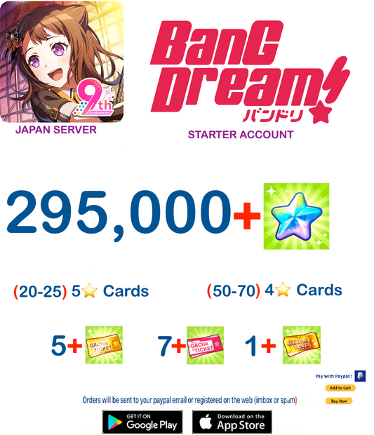 [JAPAN SERVER][INSTANT DELIVERY] 295,000+ Stars BanG Dream Girls Band Party Bandori Starter Reroll Account
