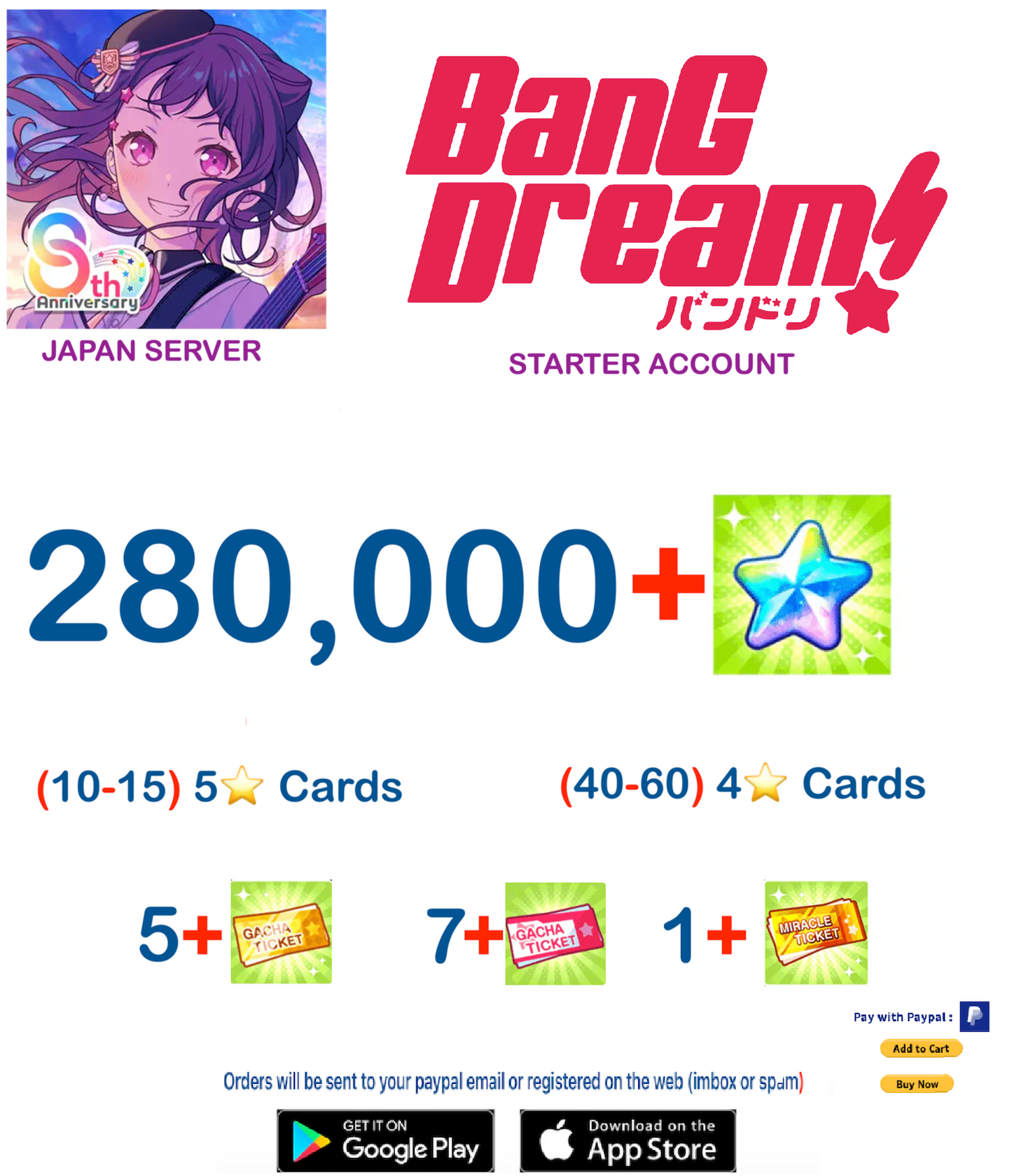 [JAPAN SERVER][INSTANT DELIVERY] 280,000+ Stars BanG Dream Girls Band Party Bandori Starter Reroll Account