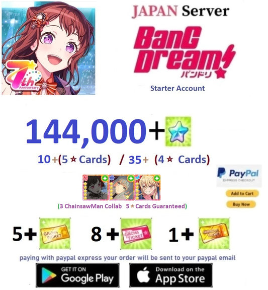 [JAPAN SERVER][INSTANT DELIVERY] 144,000 + Gems  Chainsaw Man Collab  - Stars BanG Dream Girls Band Party Bandori Starter Reroll Account