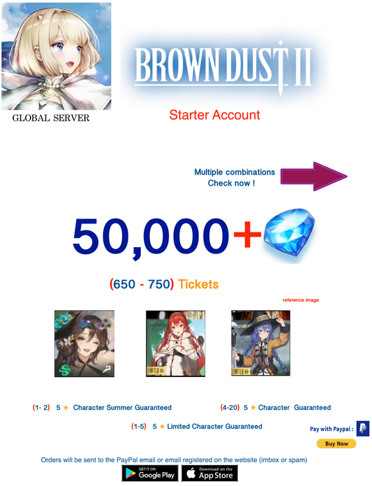 [GLOBAL SERVER/INSTANT DELIVERY] 50,000 Gems  ( Choose your DLC ) Brown Dust 2 Starter Reroll Account