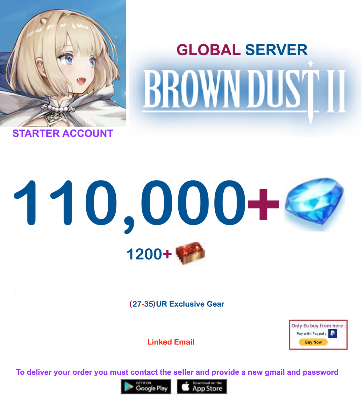 [GLOBAL SERVER/INSTANT DELIVERY] 110,000 Gems  BDust 2 Starter Account